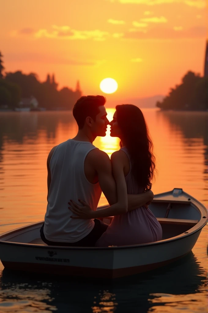 An couple seating on a boat, the men holding her in his arms. Take this pic from back. The time is at the end of dawn. Sun is about to set. 