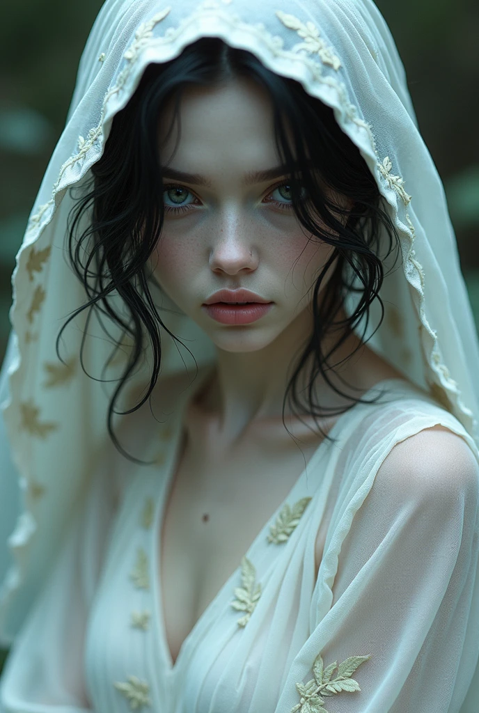 A white-skinned witch with black hair ,
grey-eyed, Her hair is covered by a hood, small strands of hair showing, Her fleshy lips, white dress embroidered with oak leaves dress made of white fabric panels, the long transparent sleeves the dress shows a good part of the body has slits on the legs