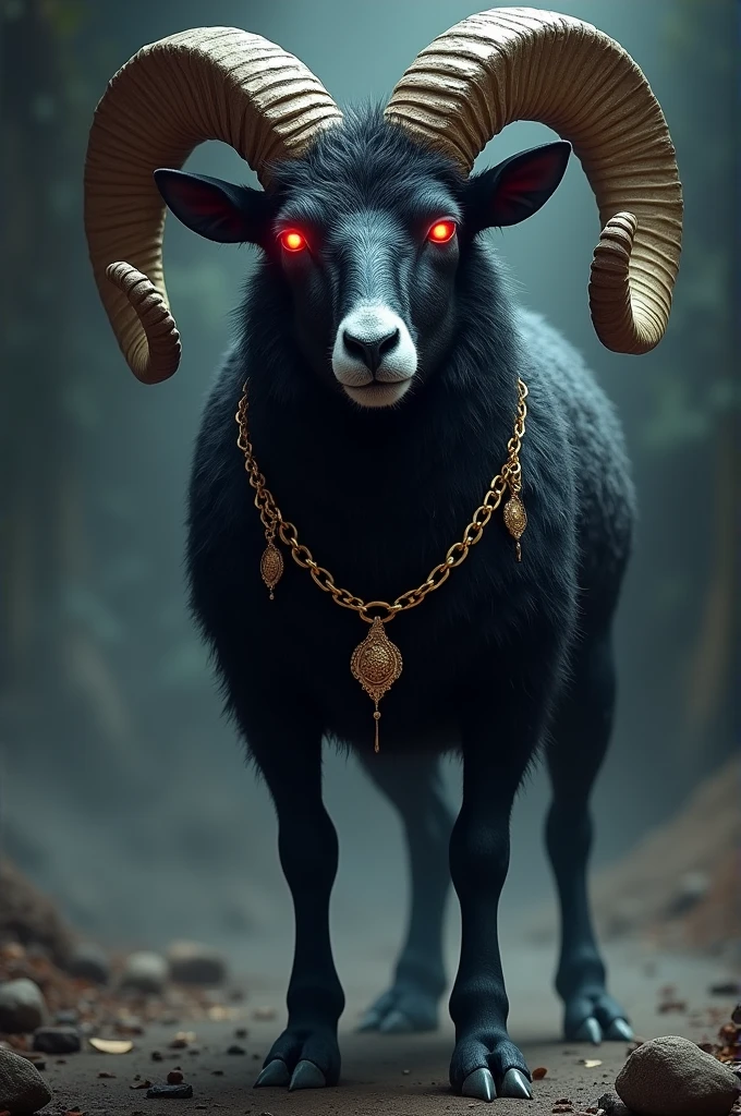 Aries with dark fur, gold chain and with glowing red eyes