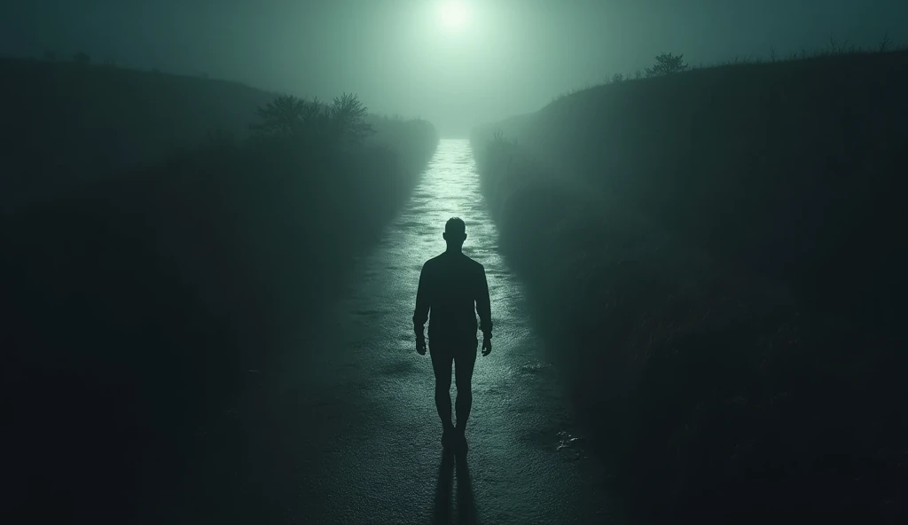 A person walking down a narrow, dimly lit path, the surroundings growing darker as they proceed. The path symbolizes the journey of vulnerability to spiritual influence, {with shadows spirits creeping in from the sides}. The person's face remains focused, yet distant, as if battling unseen forces. High contrast lighting, deep shadows, overhead shot. (landscape)