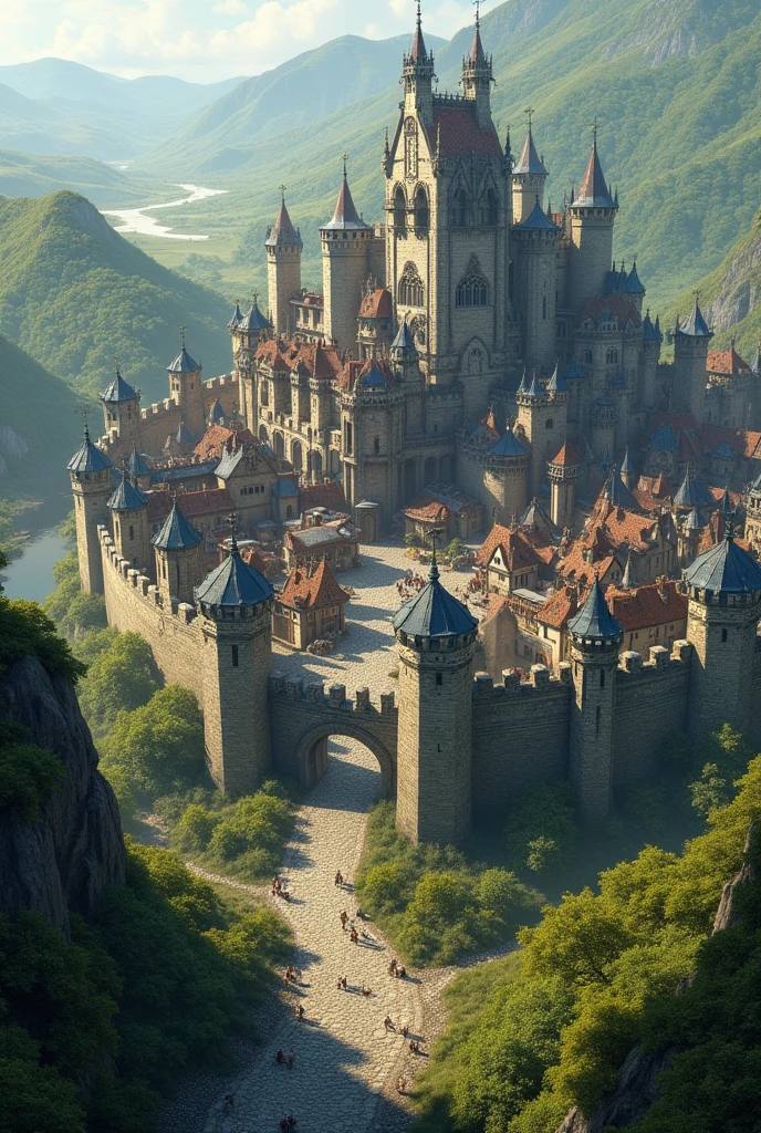 Huge size Medieval fantasy town with a wall around the town