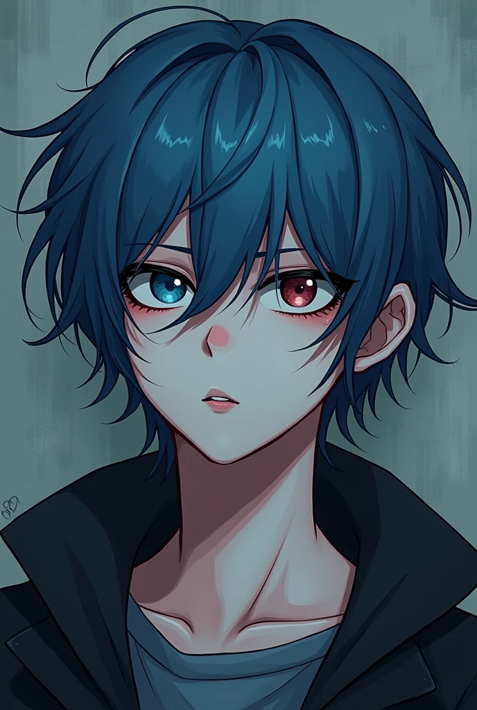 an emo boy , blue haired , uncanny , 2D game style , pale skin and low
