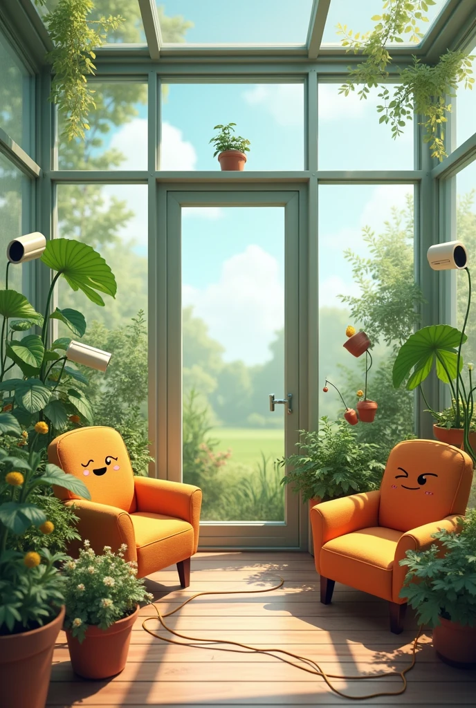 A small greenhouse made of rectangular glass with flower pots with expressions and fabric chairs inside the greenhouse, Put security cameras inside it with a small register along with a gift. Put plugs connected to a happy face flower pot