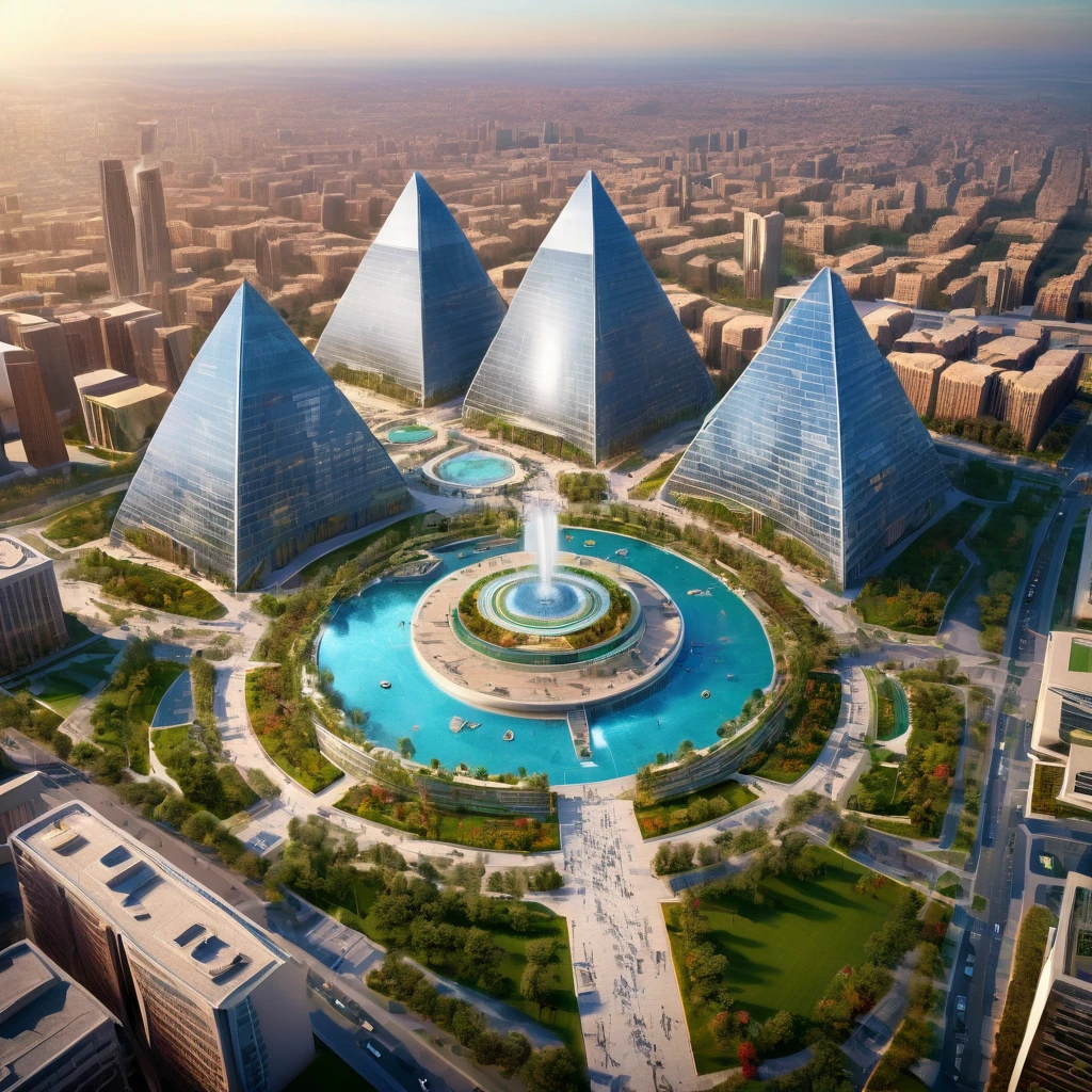 Complex of three gigantic and very tall connected skyscrapers surrounding a plaza with a fountain in the middle, Futuristic and robust design, eco style, aerial view, Soft lighting, Very detailed,HD,8k, This fulfills the function of being a highly demanded academic institute, One is pyramid-shaped