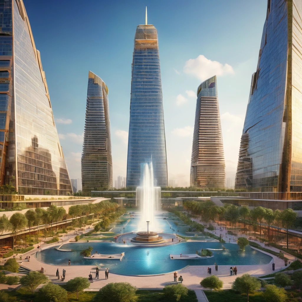 Complex of three gigantic and very tall connected skyscrapers surrounding a plaza with a fountain in the middle, Futuristic and robust design, eco style, aerial view, Soft lighting, Very detailed,HD,8k, This fulfills the function of being a highly demanded academic institute, One is pyramid-shaped