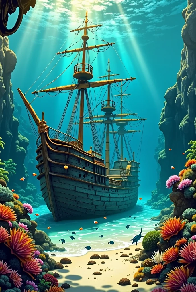 Old Spanish galleon ship sunken on the beach with reef and coral rocks on a sunny day