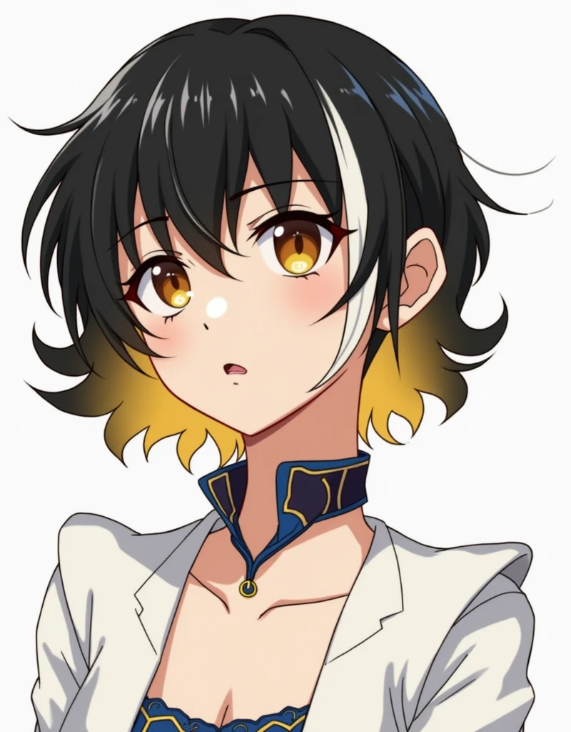 Anime version of JUJUTSU NO KAIZEN, A white woman, with a good figure, long black hair with thin white strands in the hair, bright yellow eyes, a very revealing blue-black fall and a short blue-black skirt ONE PERSON