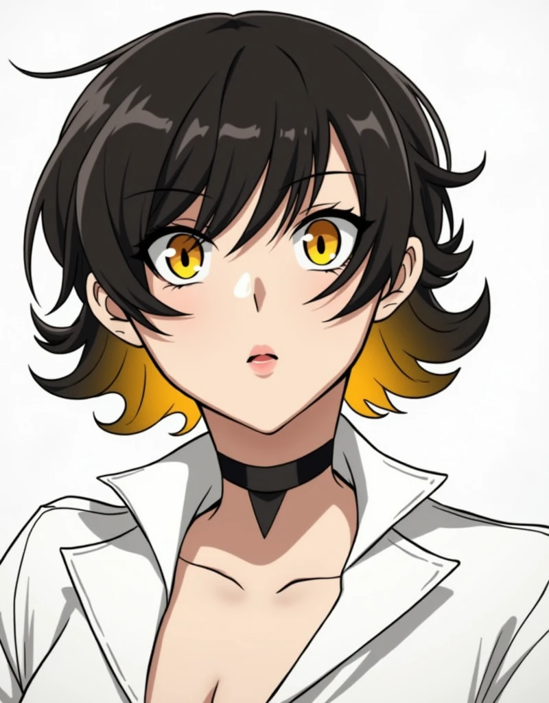 Anime version of JUJUTSU NO KAIZEN, A white woman, with a good figure, long black hair with thin white strands in the hair, bright yellow eyes, a very revealing blue-black fall and a short blue-black skirt ONE PERSON