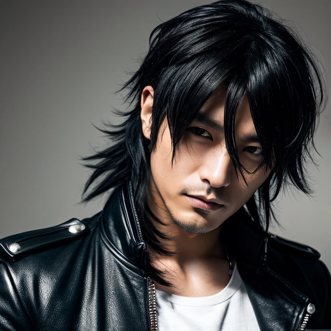 1 Japanese male rocker, Asian eyes, muscular, broad shoulders, hairstyle Visual Kei style, hair Visual Kei, black rocker clothing, ultra detailed face, hyperrealistic, realistic representation, 40 years old, age 40 years, black and bonde hair, long hair
