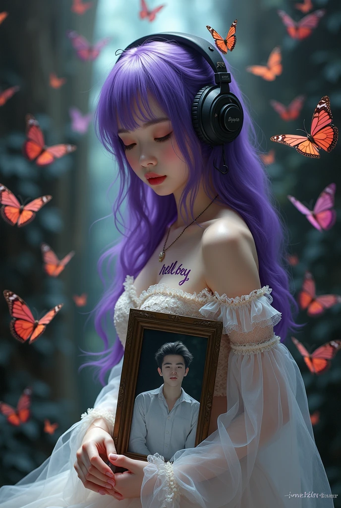 Korean purple haired butterfly woman with headphones and name hell boy instead of flames but she protected by butterflies and seeing the photo of a handsome man in transparent white clothes shiny scenery