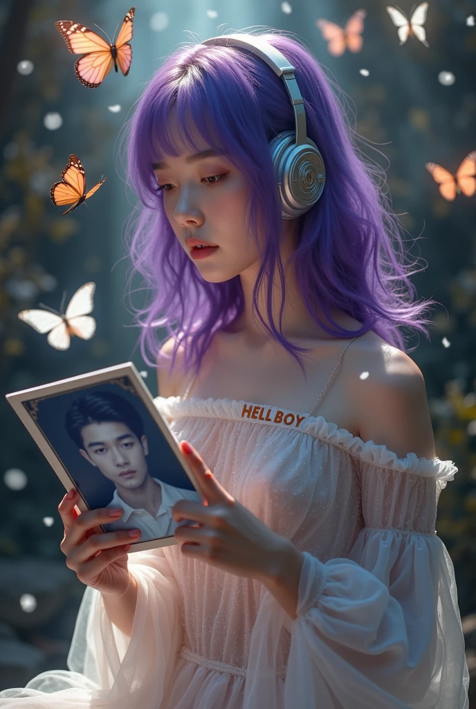 Korean purple haired butterfly woman with headphones and name hell boy instead of flames but she protected by butterflies and seeing the photo of a handsome man in transparent white clothes shiny scenery
