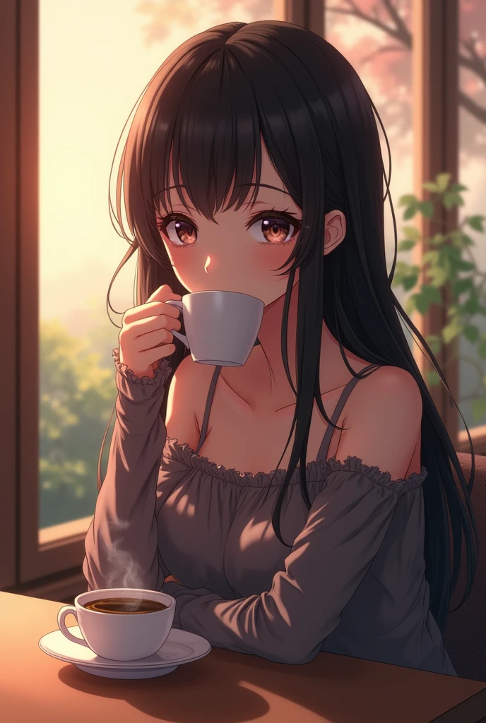 a lady at a table with a cup of coffee, garota misteriosa da cafeteria, sitting at a café, sitting in a cafe alone, visual anime de uma  bonito, sitting alone in a cafe, Kawacy, estilo anime 4K, anime moe artstyle,  anime com cabelo longo, in a coffee shop,  anime bonita, Papel de parede anime 4k