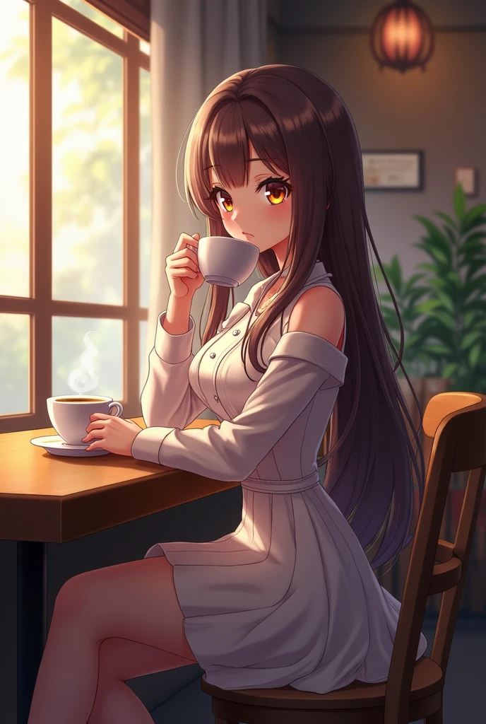 a lady at a table with a cup of coffee, garota misteriosa da cafeteria, sitting at a café, sitting in a cafe alone, visual anime de uma bonito, sitting alone in a cafe, Kawacy, estilo anime 4K, anime moe artstyle, anime com cabelo longo, in a coffee shop, anime bonita, Papel de parede anime 4k