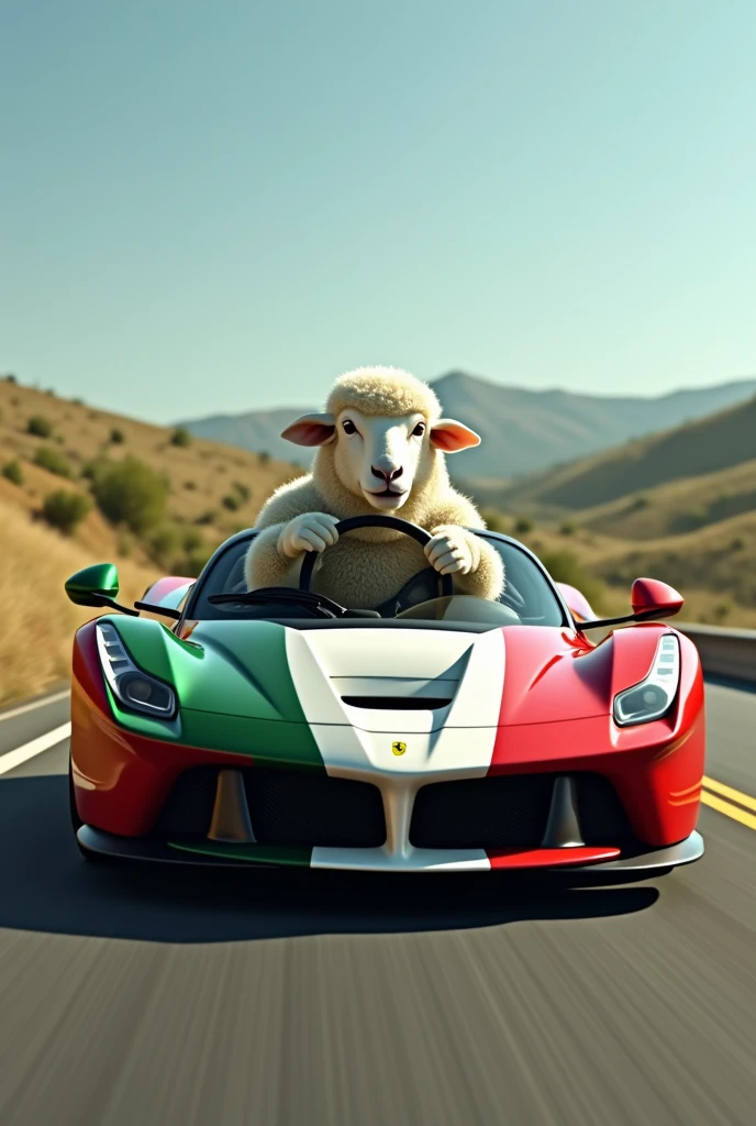A sheep driving a Ferrari car with the colors of the Mexican flag