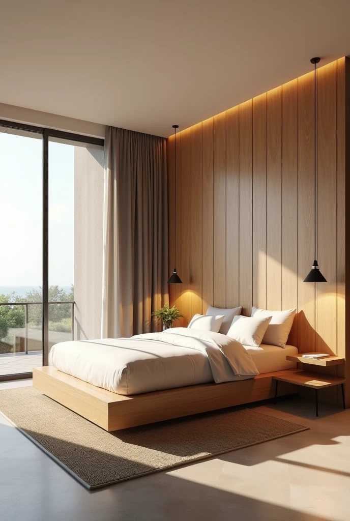Modern youth room ,box bed s, super realistic render vray, minimalist washer , medium glass window , wide perspective  , lateral view , matte floor , natural freijo wood headboard panel , luxury, Cinematic Soft Vray, Northeast of Brazil , high quality rendering, render vray, Smooth, studio-quality rendering, vray 8k rendering, very realistic 3D rendering, render in vray, very realistic render