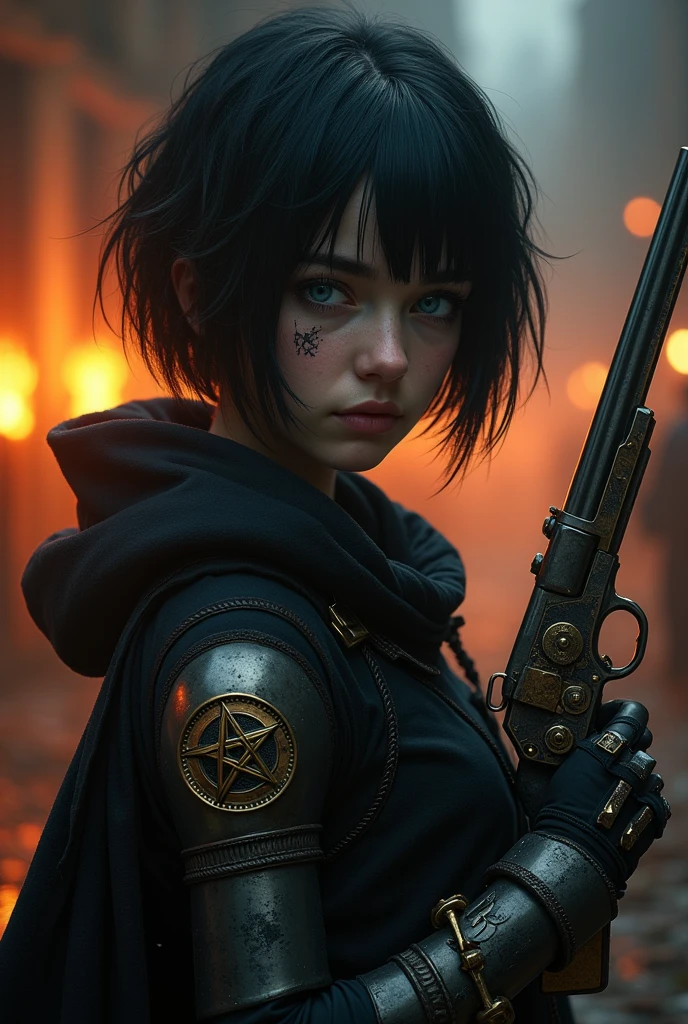 Pale girl with short black hair, from the realistic middle ages, blue colored eyes, dark clothes with detailed steampunk prosthetic arm, holding a flintlock pistol with a pentagram, cut on the face, the night, in the background an angry religious group with torches fire behind