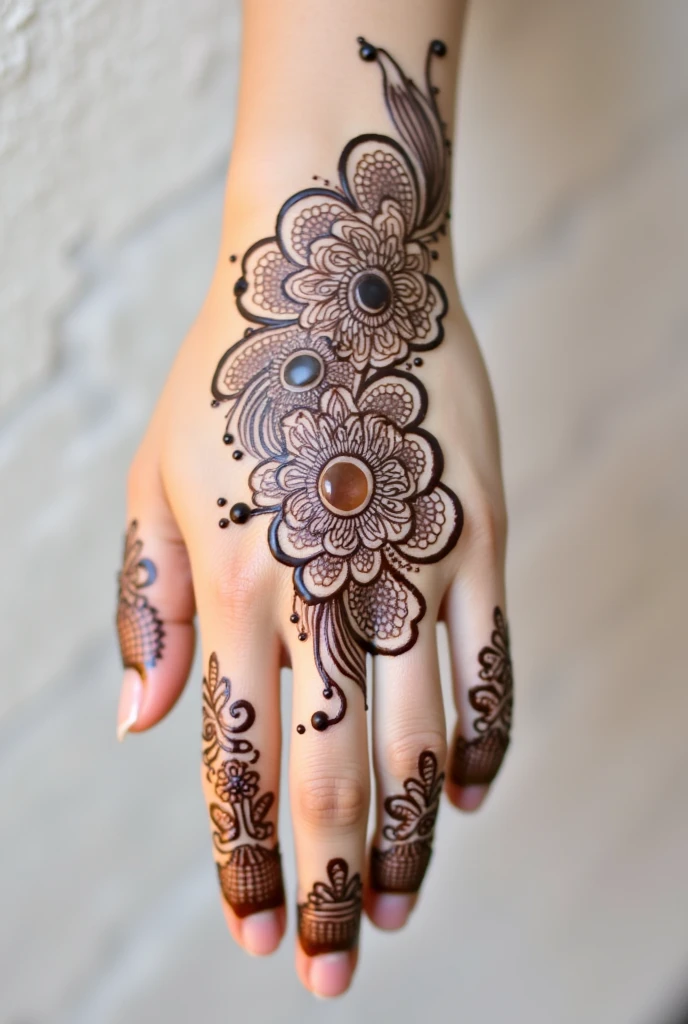 generate Gol Tikki mehndi design on beautiful hand