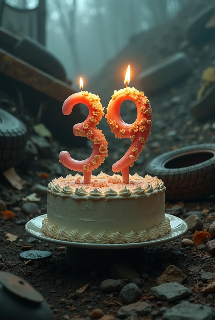 (photorealism:1.2), photo of a birthday cake left in a gloomy empty dump. Above it is a candle in the shape of the number "39", detailed by Alphonse Mucha