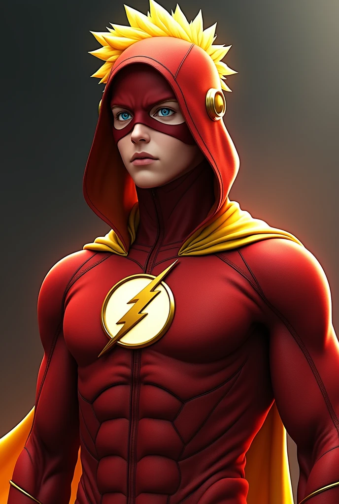 a highly detailed and accurate portrait of Naruto Uzumaki wearing a Flash superhero costume with a hood, vibrant colors, dynamic pose, dramatic lighting, photorealistic, cinematic, digital art
