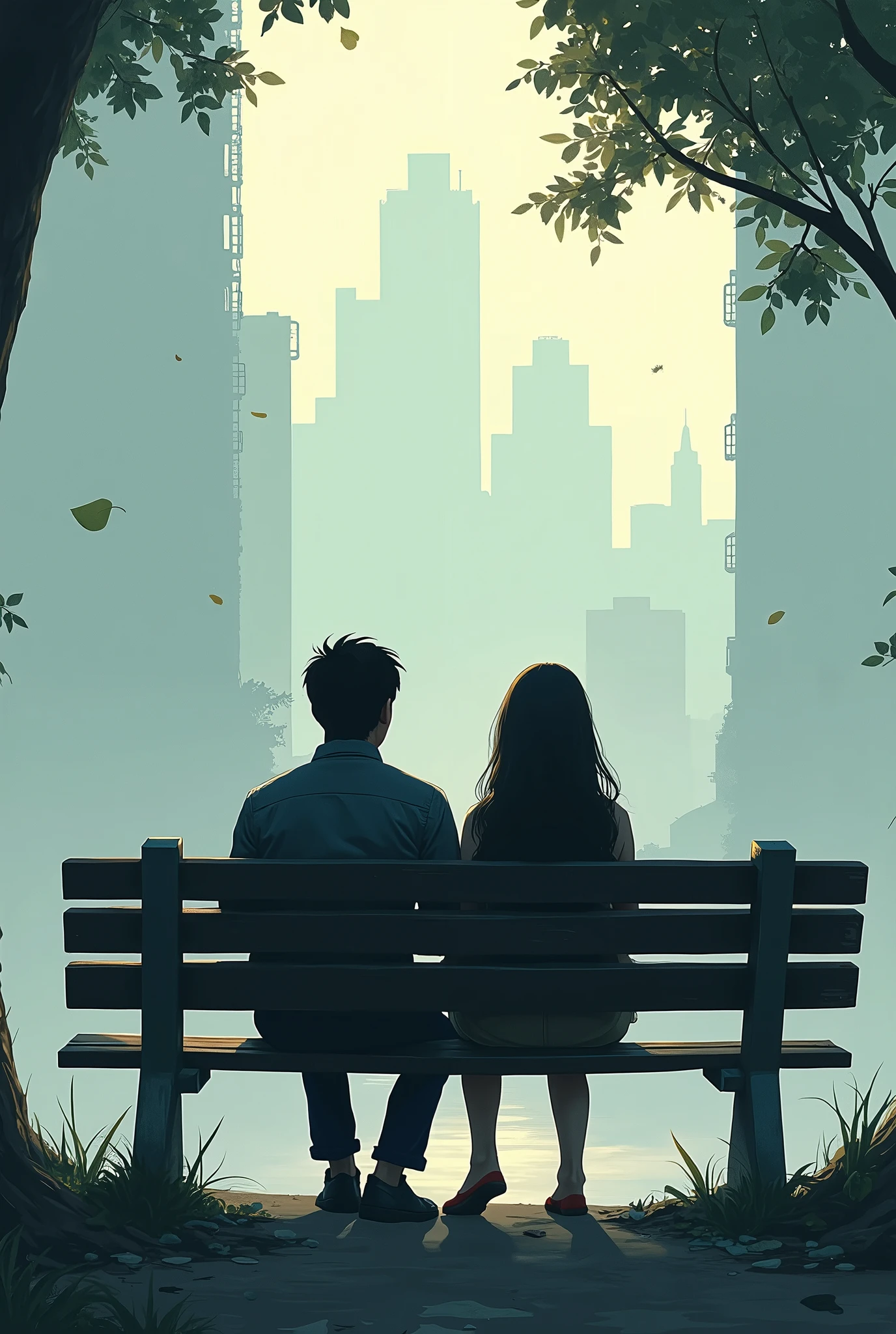 Couple sitting on a bench with their backs turned.
City background with smog and traffic