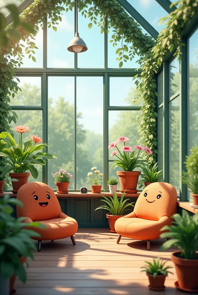 A small greenhouse made of rectangular glass with flower pots with expressions and fabric chairs inside the greenhouse, Put security cameras inside it with a small register along with a gift. Put plugs connected to a happy face flower pot