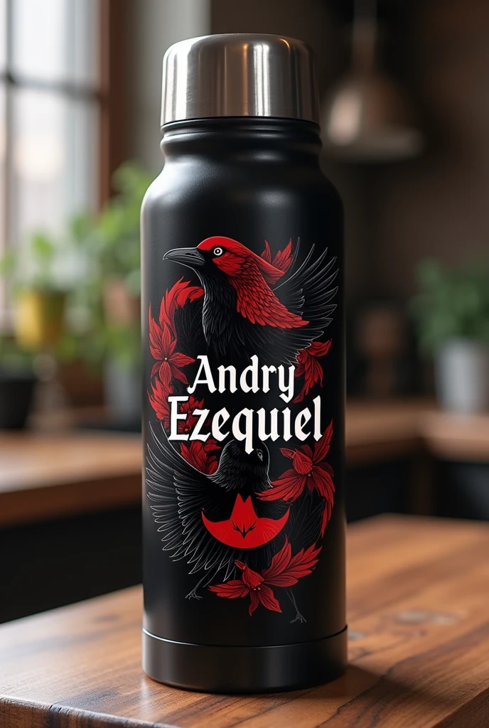 Create a personalized thermos with a black design and that has the name Andryezequiel and drawings of red and black crows. And the name that looks classic, that shows the name Andry among the crows.