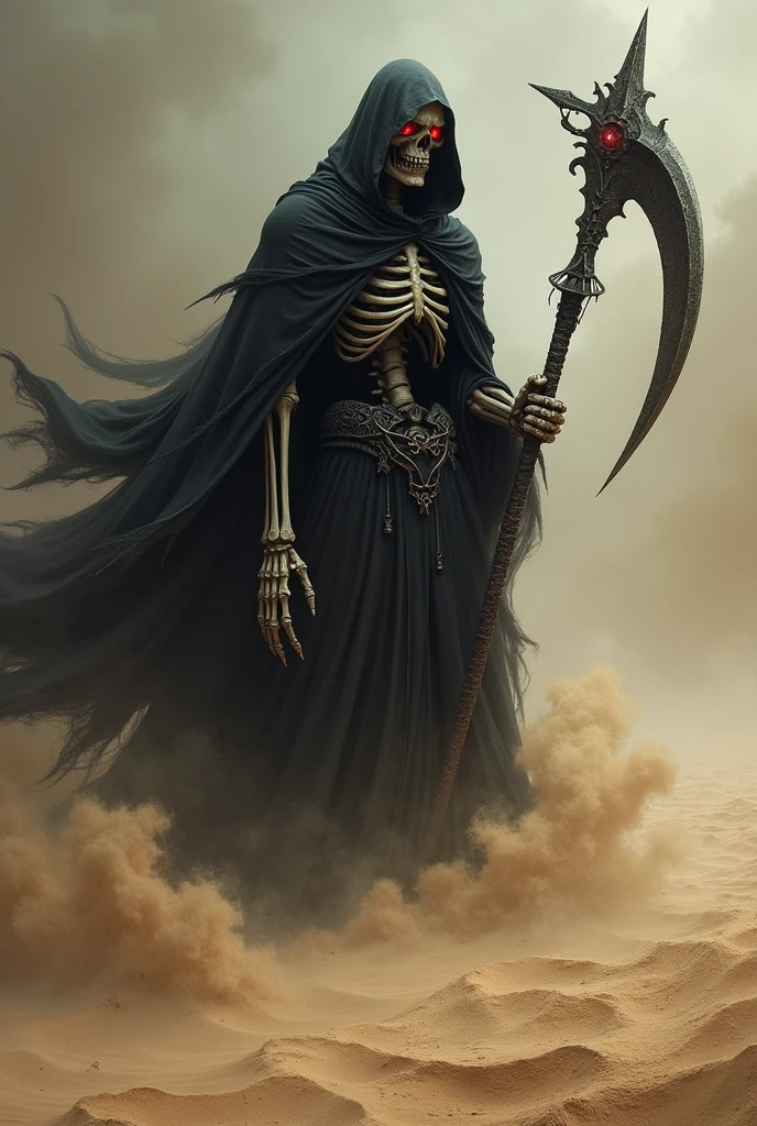 a demonic skeleton in a black cloak holding a scythe controlling sand