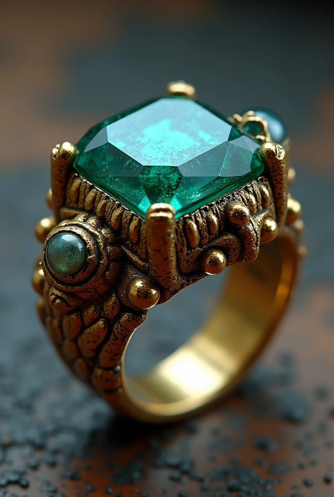 Picture a ring with a rough, slightly tarnished gold band, resembling treasure he's found on one of his adventures. The centerpiece might be a large, striking gemstone—perhaps a deep, ocean-blue sapphire or an emerald with a hint of pirate green. The setting would be intricate and ornate, with small, hidden details like tiny engravings or gems embedded in the band, giving it a sense of mystery and treasure. It would definitely have an adventurous flair, reflecting Jack’s free-spirited and unpredictable nature.