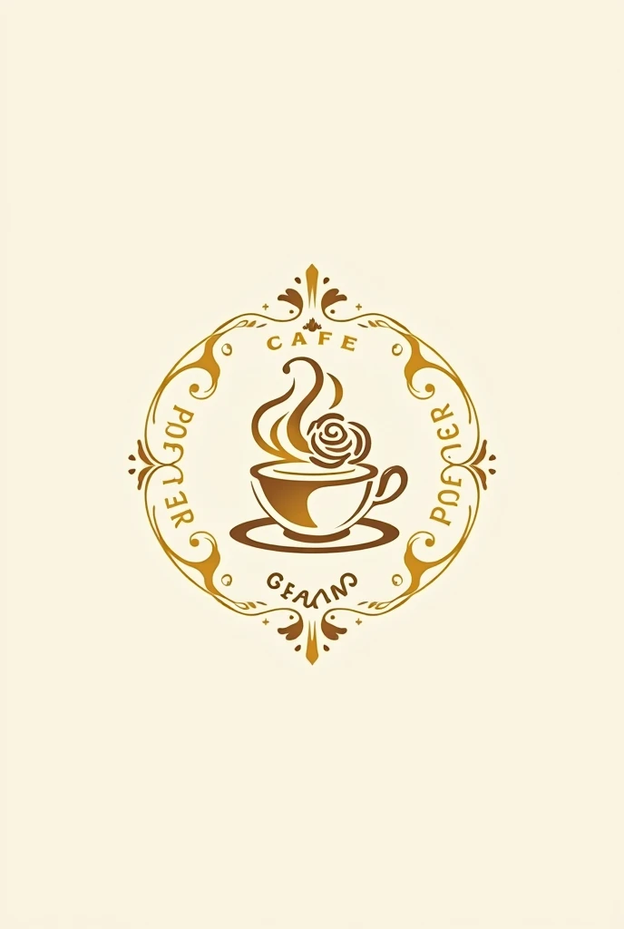 A L&#39;essence cafe and gelato logo in golden tones, with rose-shaped steam coming out of a cup and dividers