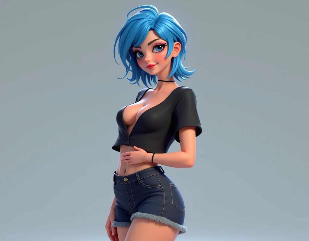 Animation, virtual, 1 cute girl (1), upper body, Thin waist, small breast, sexy pose, mischievous face, smooth, blue hair, Random hairstyle, rift, navel, shirt collar, shirt collarbone, open shoulder, seductive smile, Wear sexy and sexy outfits with exquisite details., Black t-shirt and hot skirt. Flat gray for background