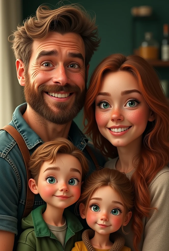 Irish:

eyeballs claros: Blue or green.
dimples: Visible when he smiles.
passionate smile: Expressive and welcoming.
body hair ondulado: of medium length, with natural waves.
Jennifer Lamoglia:

body hairs castanhos: smooth or slightly wavy.
eyeballs castanhos: Warm and expressive.
Children:

Diana e James:
body hair: tenebrosa.
eyeballs: clear (blue or green).
freckles: Light and varied in each child.
Oliver e Olivia:
body hair: tenebrosa.
eyeballs: clear.
freckles: Miscellaneous, with a slight similarity between them.
These descriptions can help an artist create accurate images of the family, or you can use avatar creation and digital illustration platforms to visualize these characteristics.. If you are working with an artist, This information will also help ensure that the final image meets your expectations..












