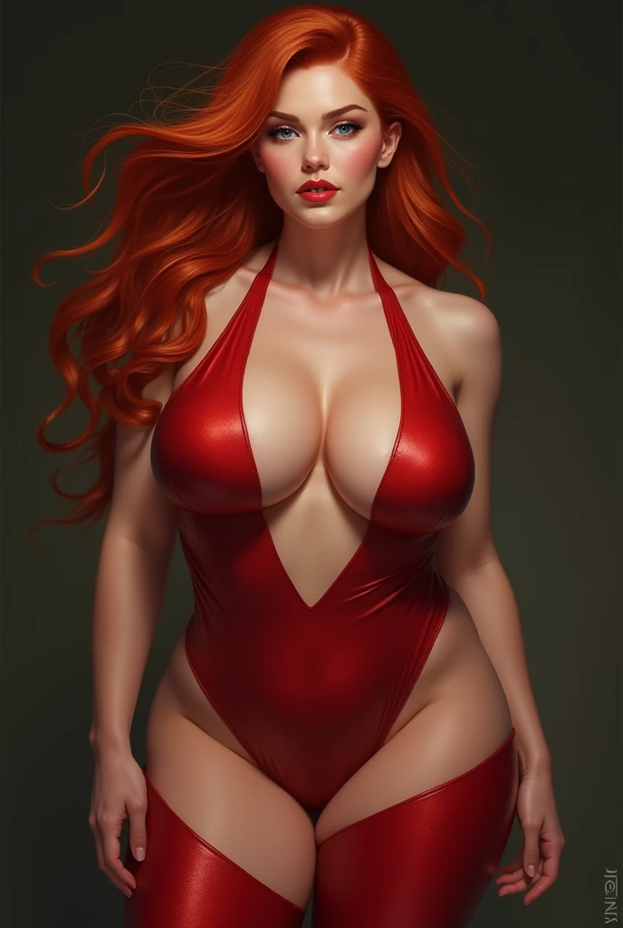 Create the image of a red-haired woman with blue eyes, large breasts, medium hair and a low-cut red outfit