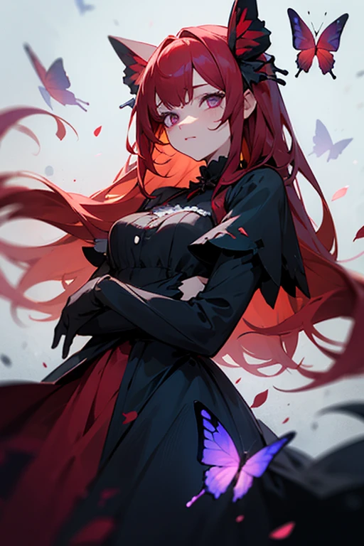 Cold girl, wearing gothic dress, red butterflies, long red hair, purple eyes 