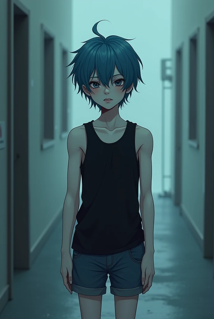 an emo boy , blue haired , uncanny , 2D game style , pale skin and low , black-eyed , and the image has to be full body , His outfit is a black tank top and denim shorts
