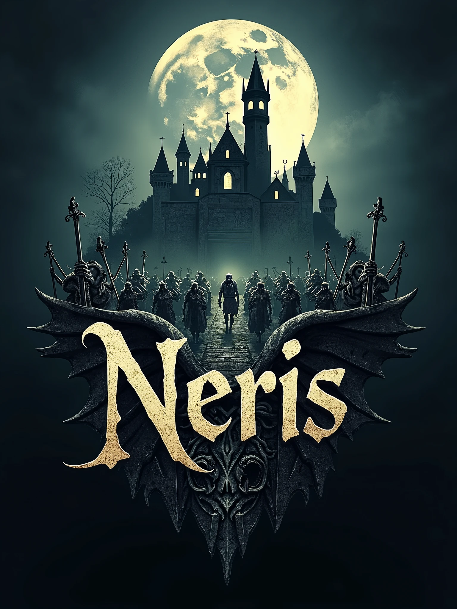 **Design a logo for "Neris" an MMORPG set in a town with a castle surrounded by an army of skeletons in armor, drawing inspiration from Age of Cignare Online. The word "Neris" should be in an ancient, sinister script, with armored skeletons marching around the castle and through the town, under the dim light of a full moon.