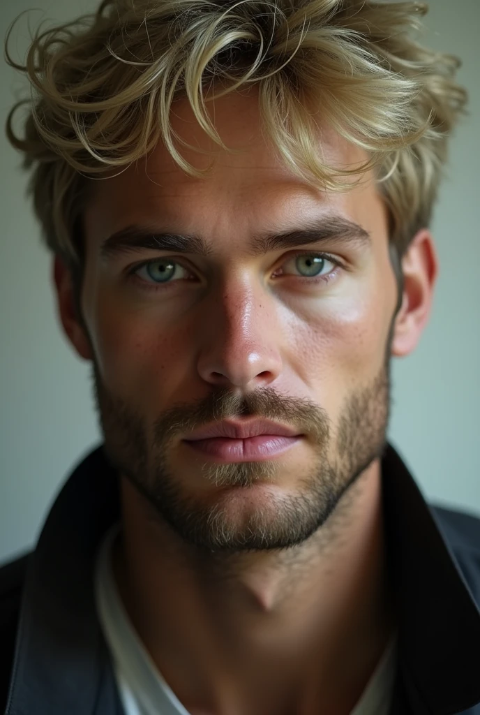 Young man short curly pale blond hair, beard collar and light green eyes