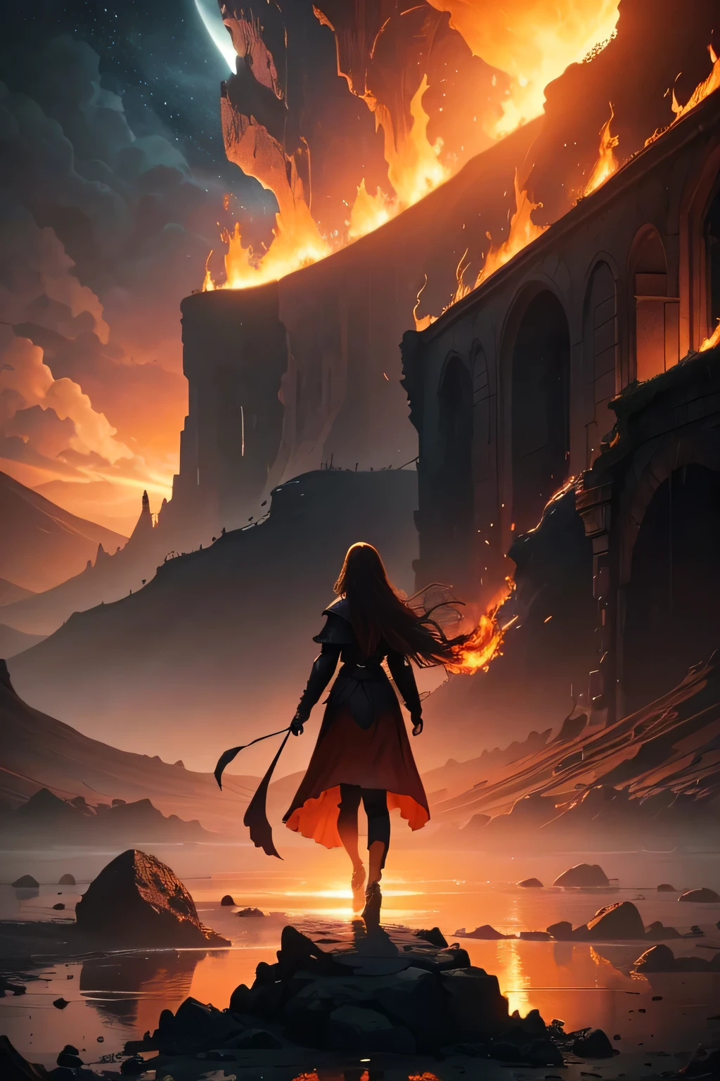  A woman with long hair standing before an open wrought iron gate, looking out onto a dramatic apocalyptic landscape at sunset. The sky is ablaze with fiery orange and red hues, reflecting on a river of lava. Dark, rocky cliffs rise on either side, and ominous winged creatures soar in the sky. The ground is littered with humanoid figures reaching out as if trapped in the molten earth, creating a scene of chaos and despair. The woman’s silhouette contrasts with the bright, infernal background, evoking a sense of foreboding and otherworldliness.1 , Alta resolução, Obra-prima, Super detalhe, Ultra HD, Detalhes altos, Anatomicamente correto, Cabelo comprido, 