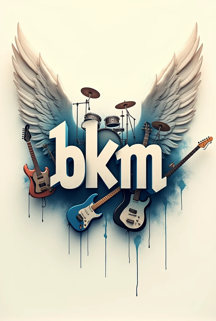 It must be written "BKM" in the form of round graffiti, against a light background. Angel wings around the "BKM". guitar, drumkit, guitar, microphone around