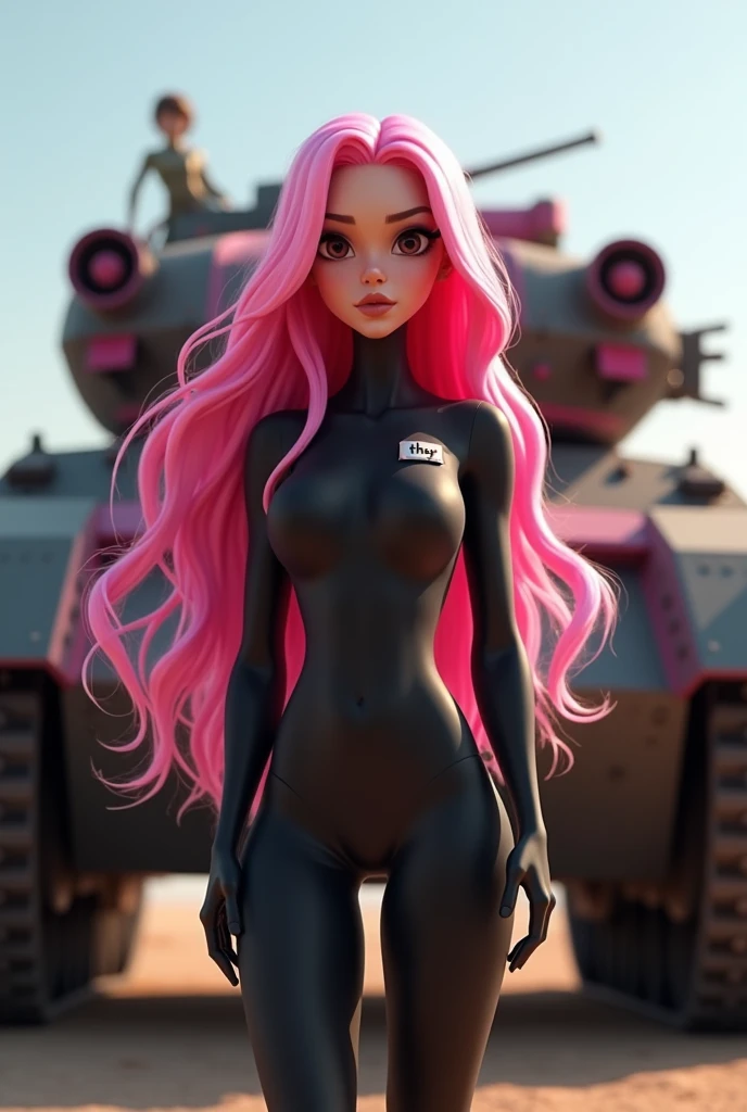 Creates the image of a woman with extraordinary beauty, She has long, bright pink, flowing hair, is standing in front of a battle tank with tracked wheels and some pink details, has dark eyes and a slightly fleshy mouth. She wears a long, tight-fitting black jumpsuit., the jumpsuit has a label with your name written “THAY” on the left chest. high resolution, ultra HD, 品質, high qualiy, High details, disney pixar model image. The war tank