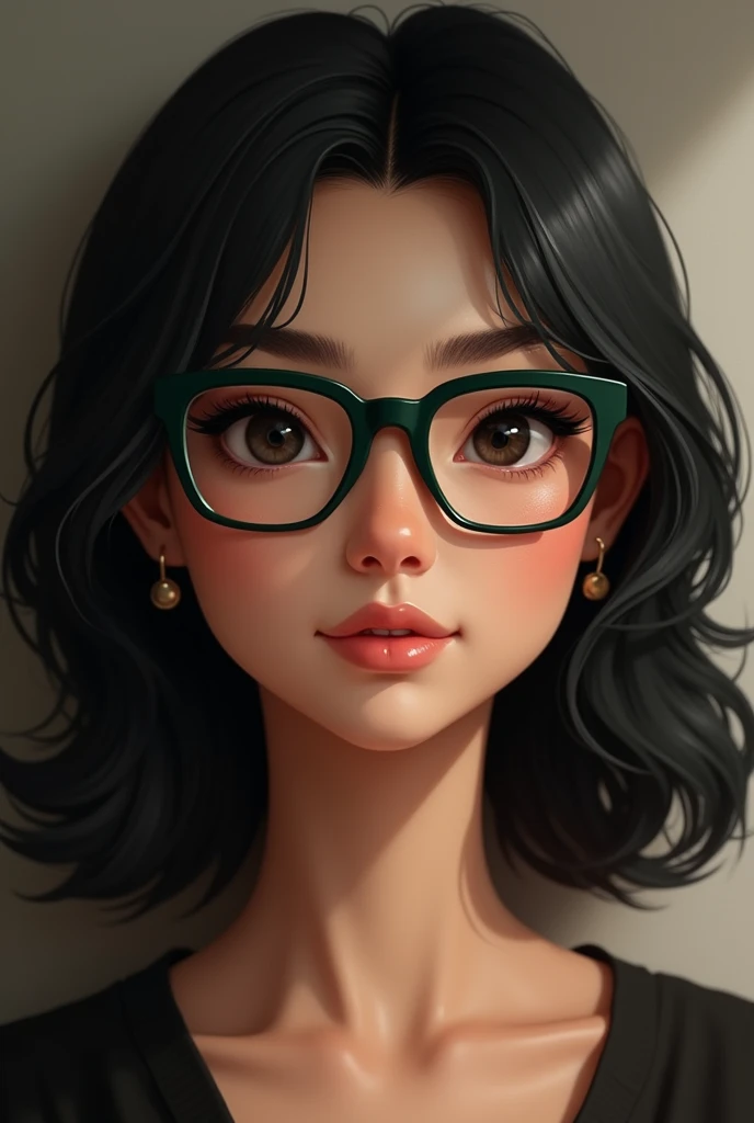 A woman in her fifties without wrinkles, with a fairly large forehead, with thin eyebrows, with medium-sized black eyes, with a medium-sized potato nose, with medium-sized black hair, With a medium mouth, with very dark green glasses, quite square