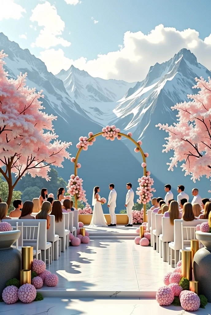 generate an image of destination wedding with a beautiful white and gold setup with mountains behind and cherry blossom trees followed by a beautiful sky