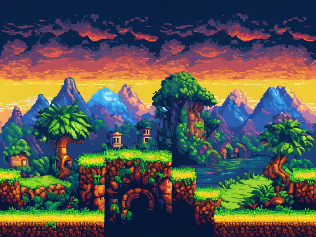 Mysterious continent,Island of Adventure, Pop art and comic book themed, 2D Side-scrolling Game, Front view, Pixel art