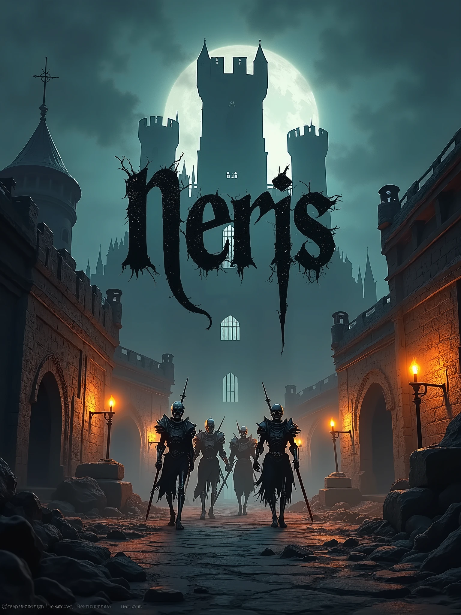**Craft a striking MMORPG logo for "Neris" featuring a town with a castle and skeleton warriors in armor, drawing inspiration from Age of Cignare Online. The word "Neris" should be in a dark, necrotic script, with a background showing skeletons with swords and armor marching both within and outside the castle walls, illuminated by torches casting flickering shadows. 