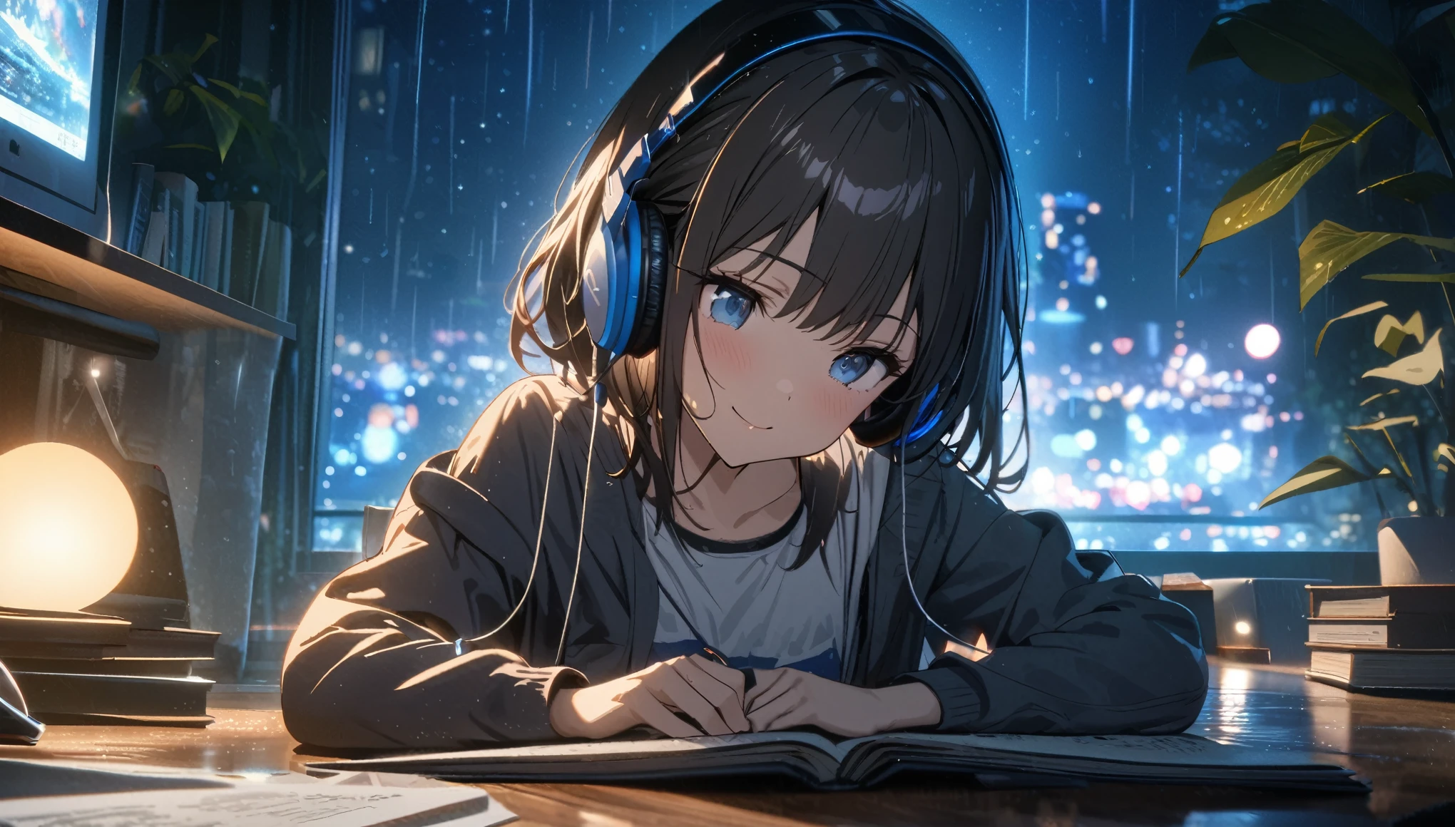 one girl, black short hair and bob hair, I tied my hair in a bun with a hair clip..、smile、beautiful blue eyes, gentle smile on her face、flat chest, one Beautiful girl,((masterpiece, illustration, best quality) ((ultra-detailed)),rainy night, a girl studying while listening to music with headphones, the night view is very beautiful with beautiful candle on her table. there are plants in the background, a beautiful night view with books and plants in the background with coffee on the desk,, 濃い青とBeautiful Blueのグラデーション, High resolution, 8K HD detail, hyper-detail, cinematic, surrealism, soft light, deep field focus bokeh, ray tracing and surrealism. --v6