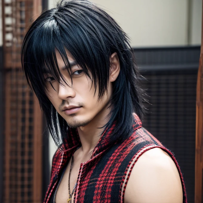 1  Japanese male rocker, Asian eyes, muscular, broad shoulders,  hairstyle Visual Kei style, hair Visual Kei, black rocker clothing, ultra detailed face, hyperrealistic, realistic representation, 40 years old, age 40 years, black and bonde hair, long hair 