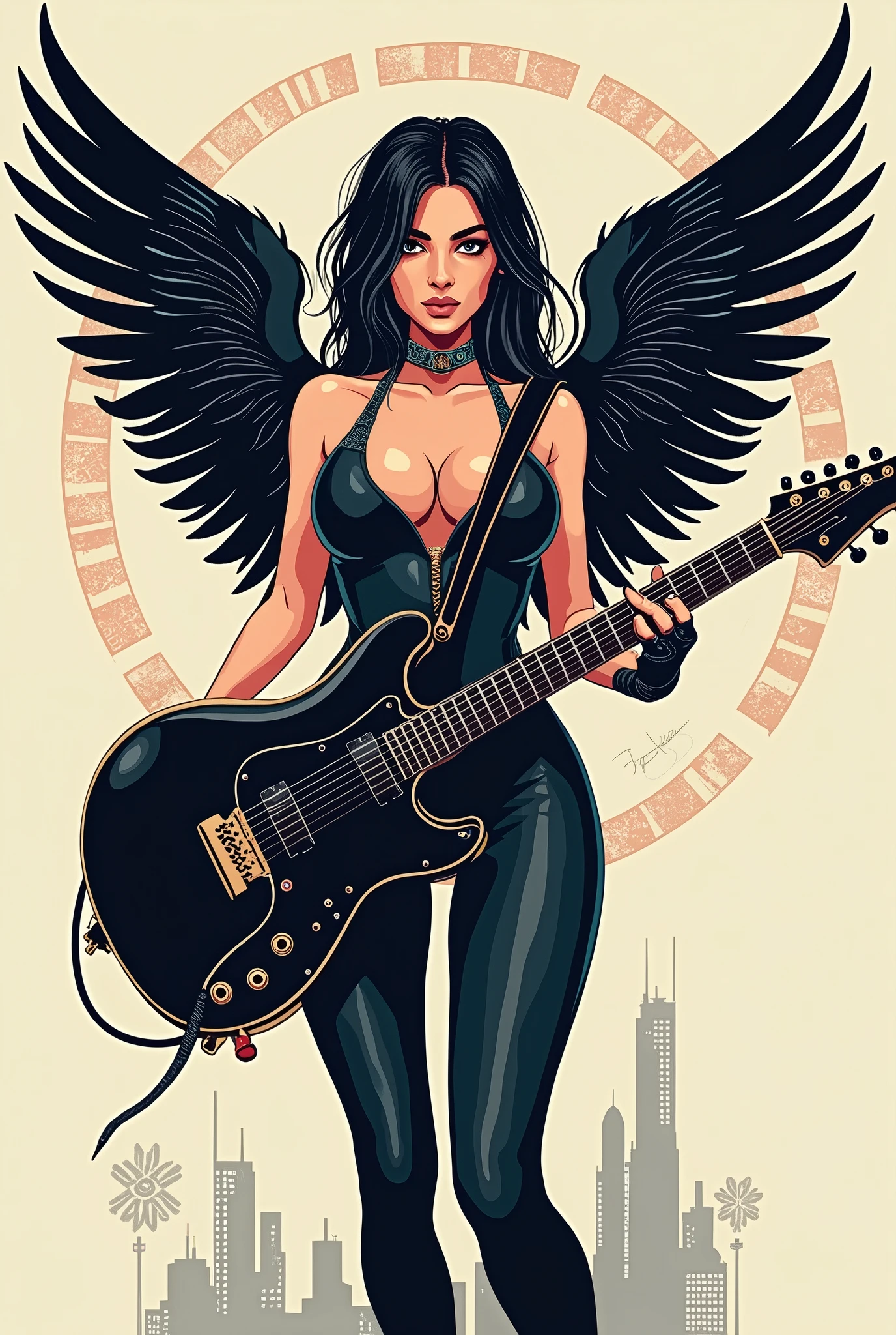 flat vector logo of a sexy busty cyberpunk angel. she is wearing a futeristic cyberpunk bodysuit. she is playing a black fender stratocaster