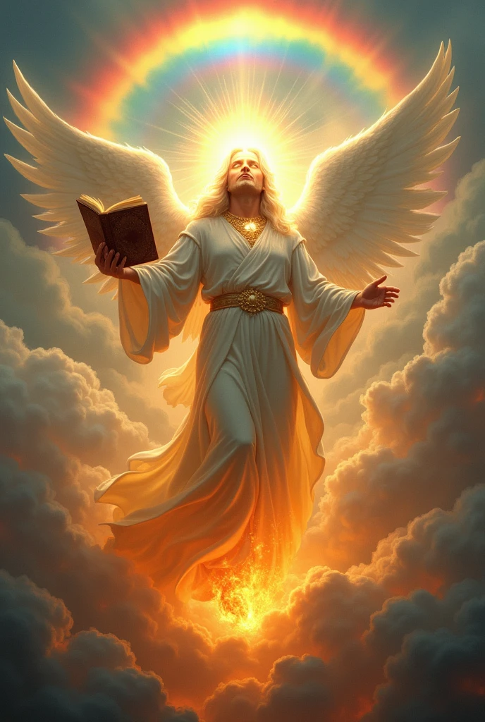 strong angel, wrapped in a cloud, with a rainbow over his head, his face like the sun, and his feet like columns of fire. with an open little book