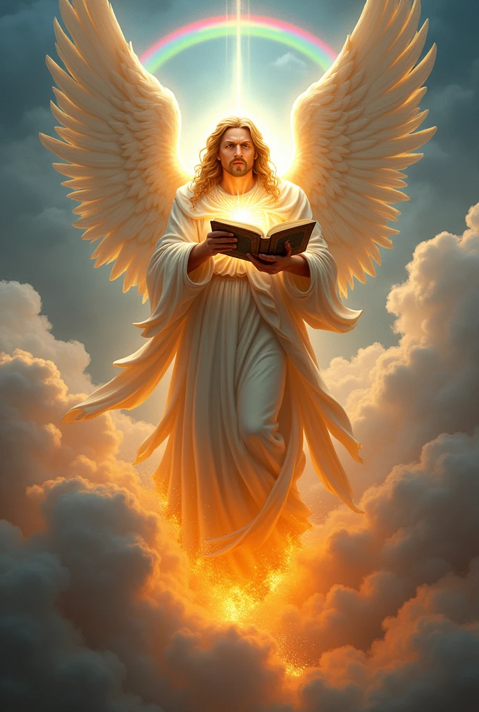 strong angel, wrapped in a cloud, with a rainbow over his head, his face like the sun, and his feet like columns of fire. with an open little book