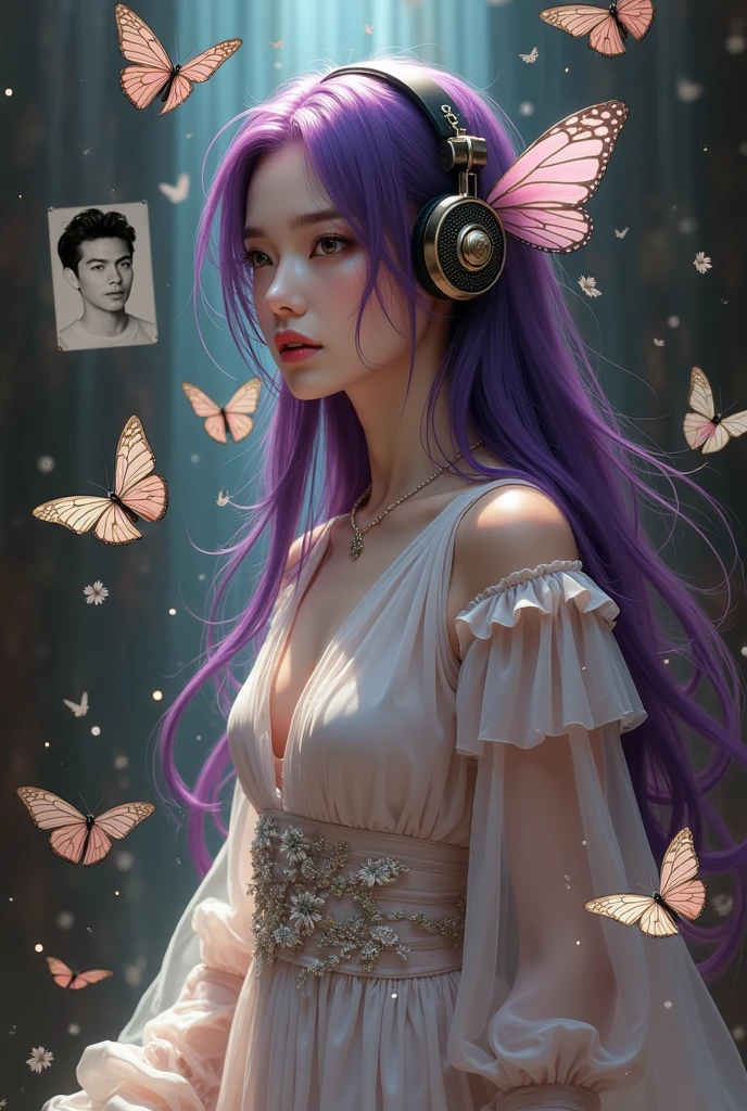 Korean purple haired butterfly woman with headphones and name hell boy instead of flames but she protected by butterflies and seeing the photo of a handsome man in transparent white clothes shiny scenery perfect face