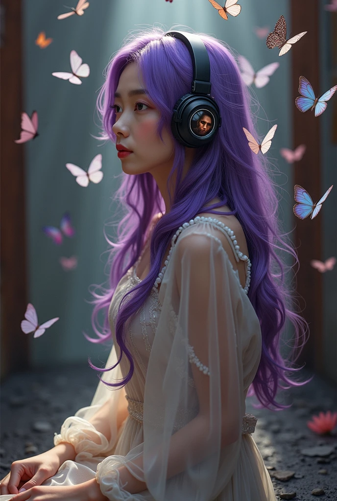 Korean purple haired butterfly woman with headphones and name hell boy instead of flames but she protected by butterflies and seeing the photo of a handsome man in transparent white clothes shiny scenery perfect face